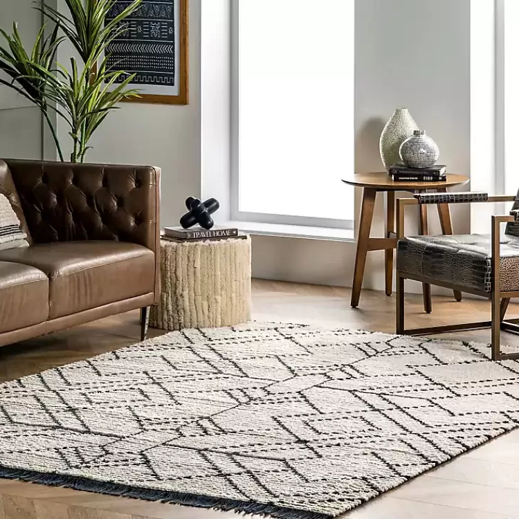 Alfombra moderna con diseño de diamantes geométricos en beige y flecos decorativos - Tamaño 7x10 pies, perfecta para salas - Oferta exclusiva en tapetes para el hogar