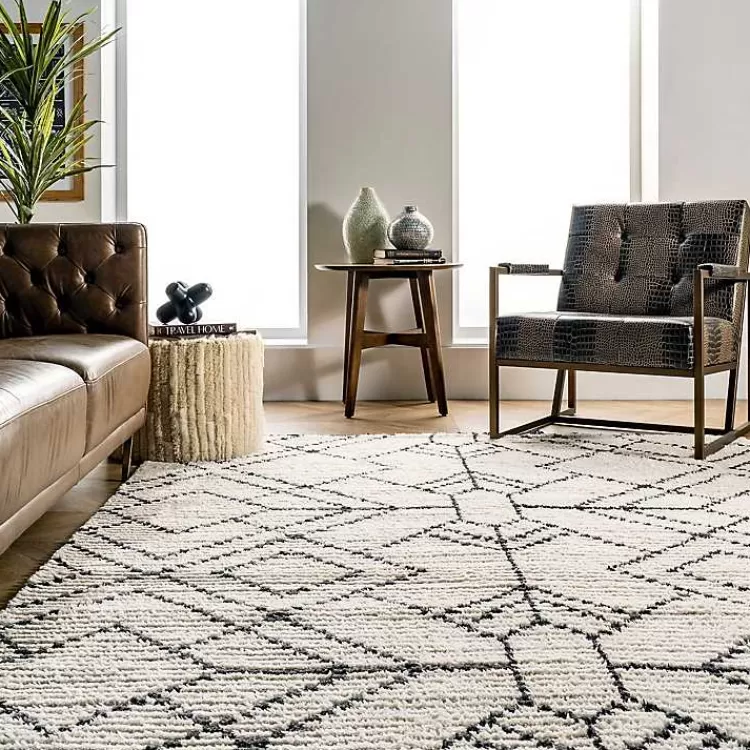Alfombra moderna con diseño de diamantes geométricos en beige y flecos decorativos - Tamaño 7x10 pies, perfecta para salas - Oferta exclusiva en tapetes para el hogar