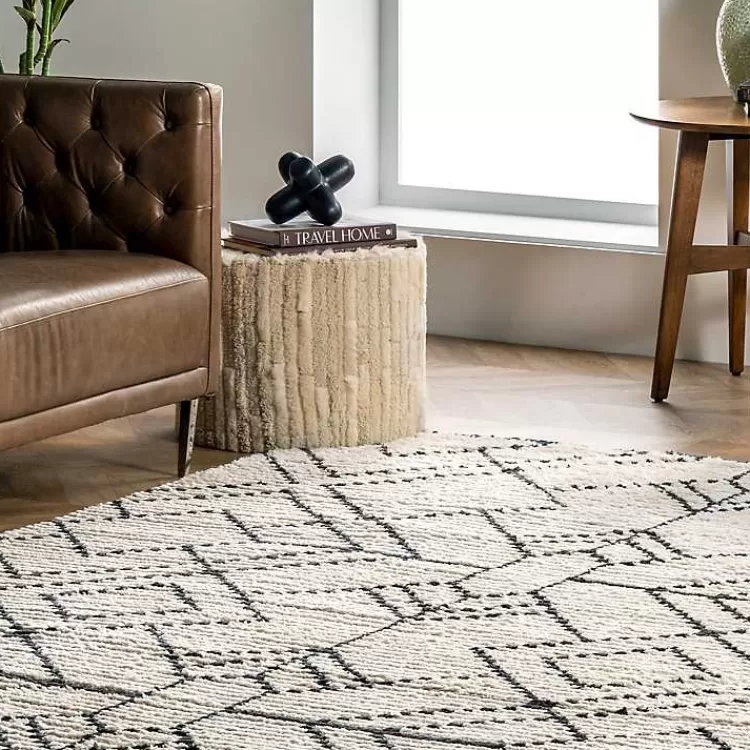 Alfombra moderna con diseño de diamantes geométricos en beige y flecos decorativos - Tamaño 7x10 pies, perfecta para salas - Oferta exclusiva en tapetes para el hogar