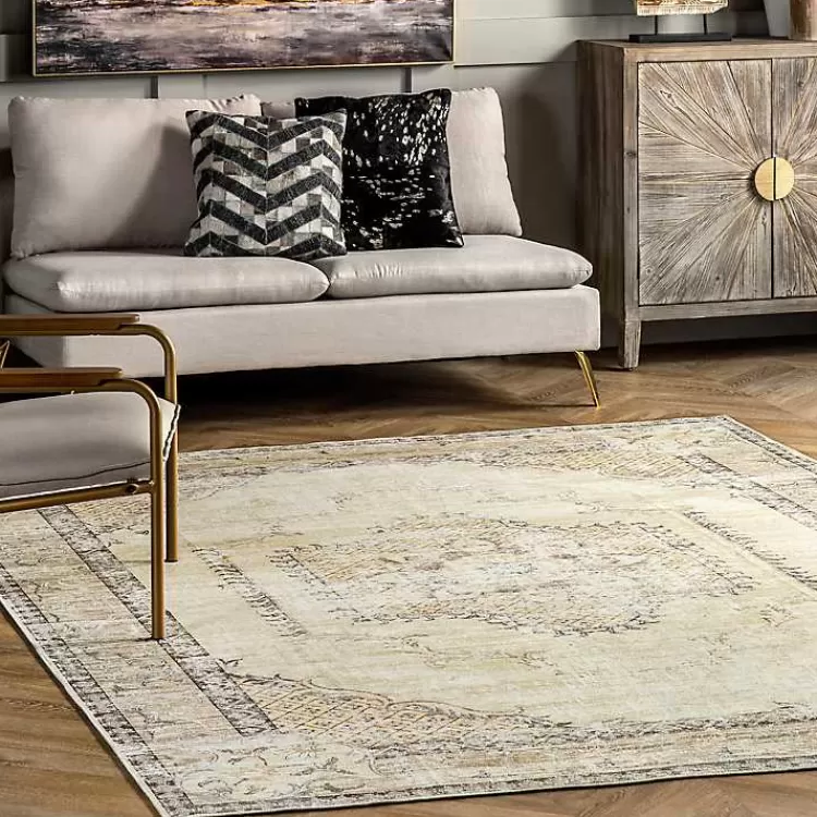 Oferta Flash de Hogar Kirklands - Alfombra Lavable con Diseño de Medallón Desgastado en Gris, Medidas 2.44x1.52m, Perfecta para Espacios Modernos