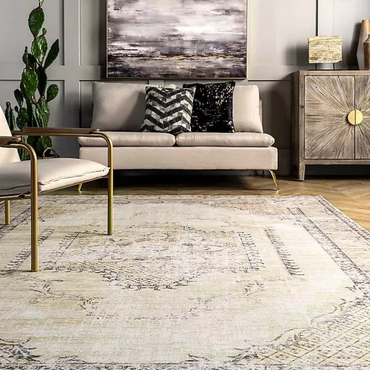 Oferta Flash de Hogar Kirklands - Alfombra Lavable con Diseño de Medallón Desgastado en Gris, Medidas 2.44x1.52m, Perfecta para Espacios Modernos