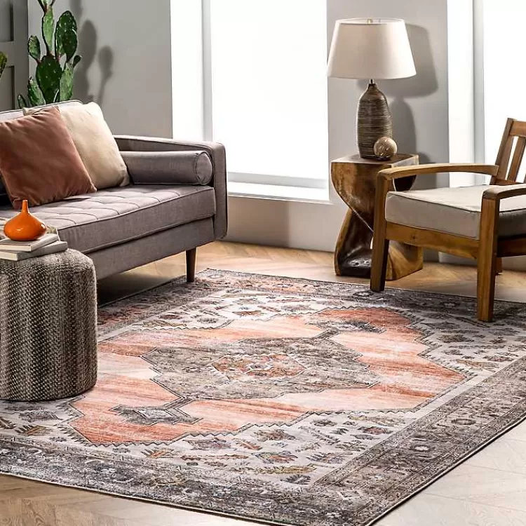 Alfombra Lavable de 4x6 Pies en Naranja con Diseño Vintage de Medallón - Oferta Exclusiva de Hogar Kirkland's