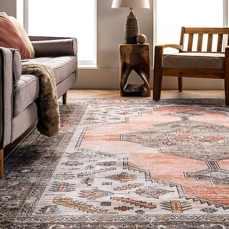Alfombra lavable de medallones desgastados en tono terracota - Tamaño 5x8 pies - Diseño acogedor estilo rústico para salas y dormitorios - Colección Kirklands de textiles duraderos para el hogar - Ideal para espacios modernos que combinan calidez y funcionalidad - Textura suave con acabado vintage - Decoración que perdura temporada tras temporada.