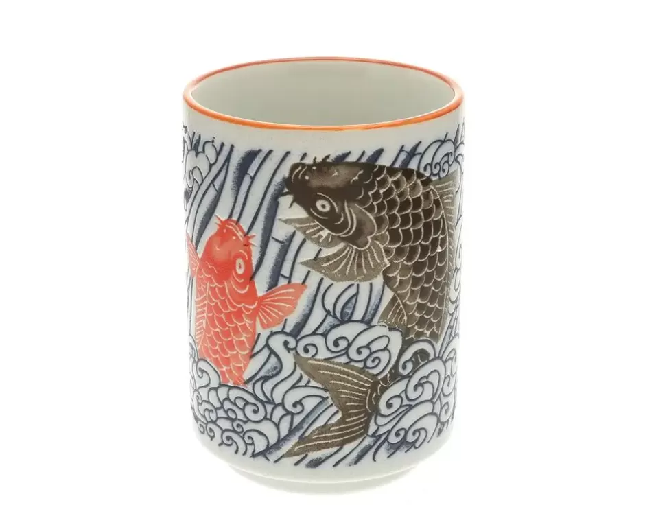 Tazas de té artesanales MIYA con diseño de carpas y olas vibrantes